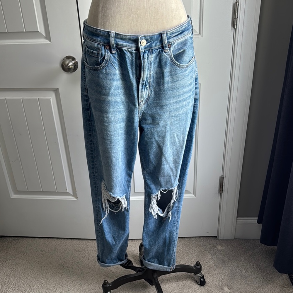 American Eagle Blue Strigid Ripped Mom Jeans High-waisted